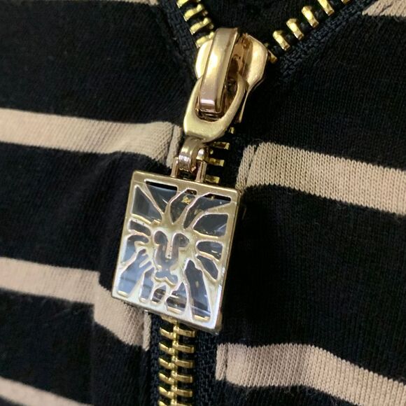 Anne Klein V-Neck Zip Front Long Sleeve Top Tan and Black Stripe Sweater Size S - Picture 3 of 10